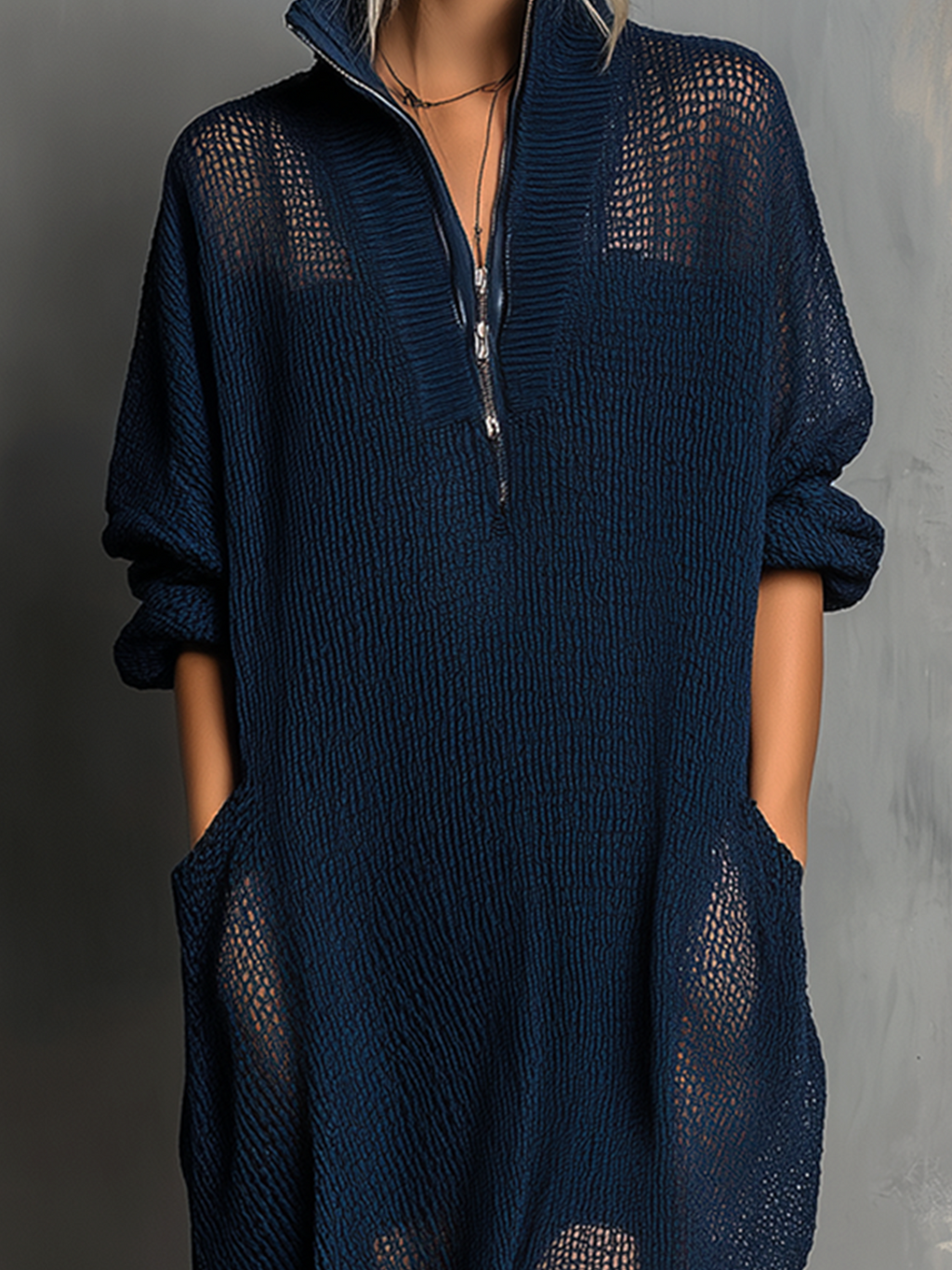 Chic Casual Navy Blue Stand Collar Zipper-Front Long-Sleeve Loose-Fit Mesh Knit Maxi Dress