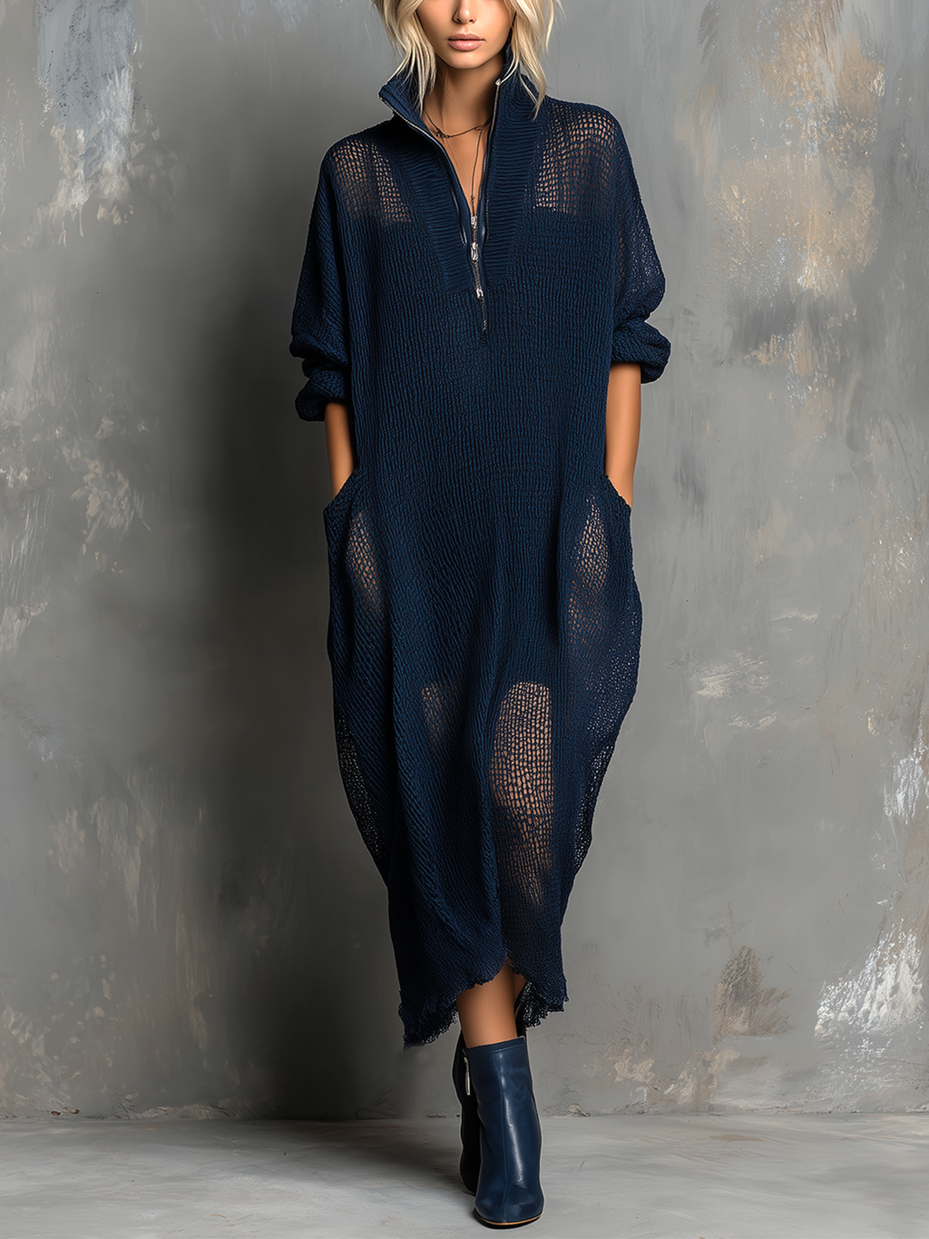 Chic Casual Navy Blue Stand Collar Zipper-Front Long-Sleeve Loose-Fit Mesh Knit Maxi Dress