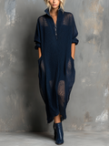 Chic Casual Navy Blue Stand Collar Zipper-Front Long-Sleeve Loose-Fit Mesh Knit Maxi Dress