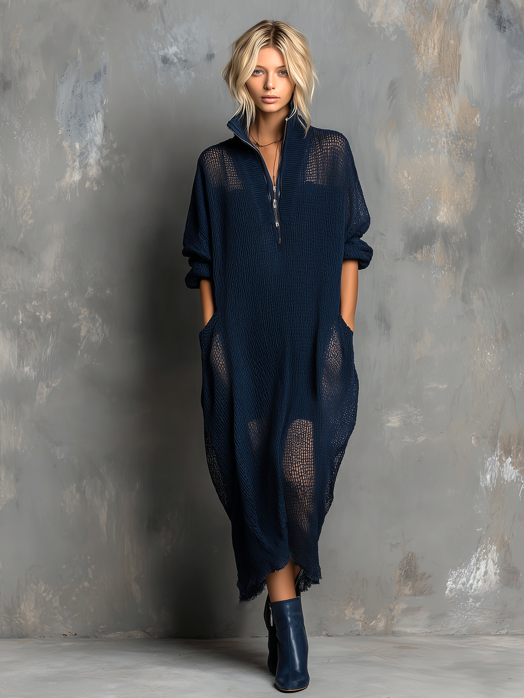 Chic Casual Navy Blue Stand Collar Zipper-Front Long-Sleeve Loose-Fit Mesh Knit Maxi Dress