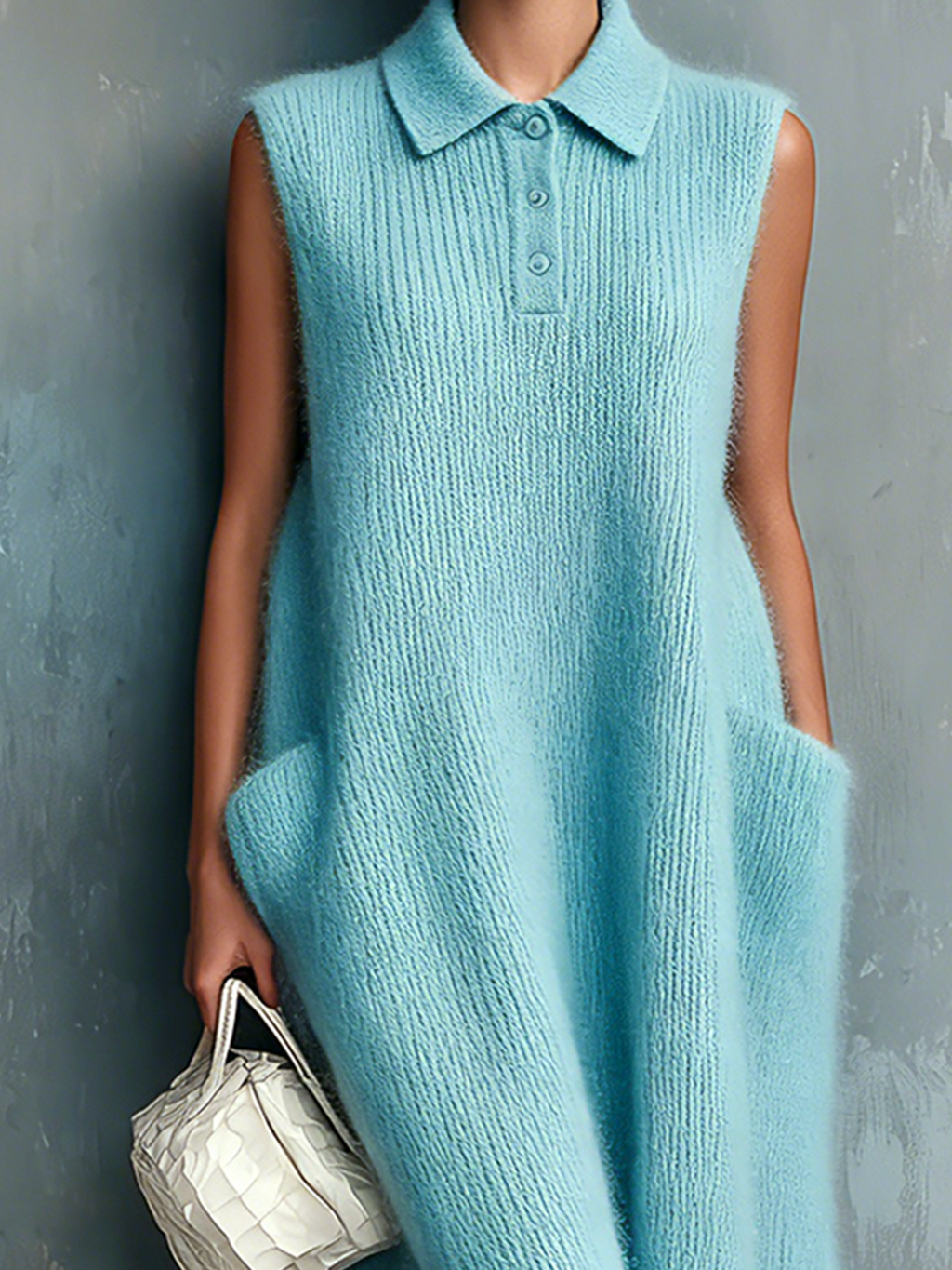 Chic Elegant Sky Blue Button-Up Lapel-Collar Sleeveless Patch Pockets Loose-Fit Knit Midi Dress