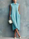 Chic Elegant Sky Blue Button-Up Lapel-Collar Sleeveless Patch Pockets Loose-Fit Knit Midi Dress