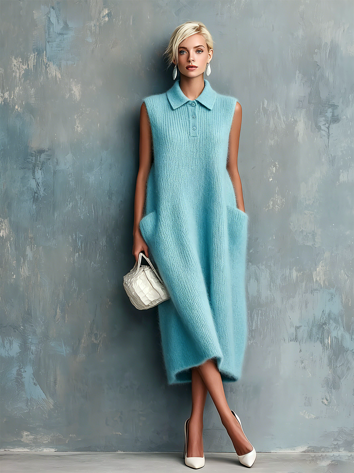 Chic Elegant Sky Blue Button-Up Lapel-Collar Sleeveless Patch Pockets Loose-Fit Knit Midi Dress