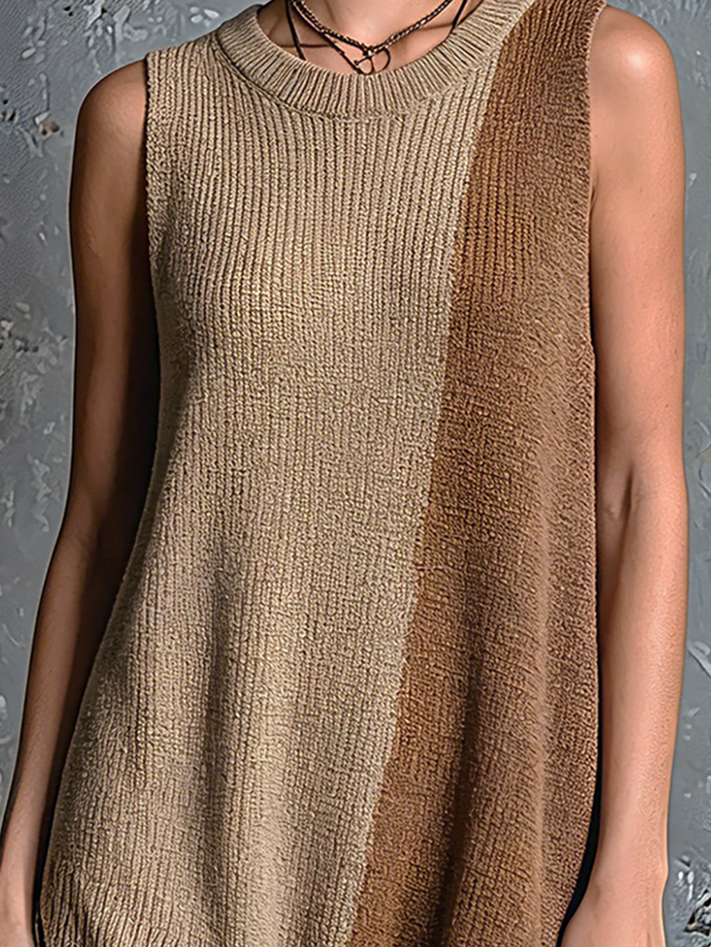 Fashion Casual Camel-Brown Colorblock Round-Neck Sleeveless Loose-Fit Asymmetrical Hem Knit Vest Top