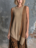 Fashion Casual Camel-Brown Colorblock Round-Neck Sleeveless Loose-Fit Asymmetrical Hem Knit Vest Top
