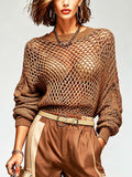 Chic Brown Round-Neck Long-Sleeve Loose-Fit Mesh Knit Sweater Top