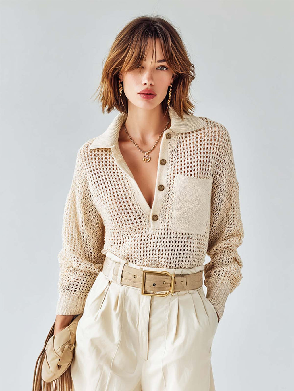 Chic White Polo-Neck Long-Sleeve Loose-Fit Pocket Detail Loose-Fit  Mesh Knit Sweater Top