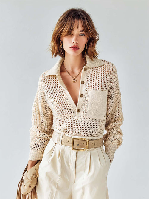 Chic White Polo-Neck Long-Sleeve Loose-Fit Pocket Detail Loose-Fit  Mesh Knit Sweater Top