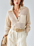 Chic White Polo-Neck Long-Sleeve Loose-Fit Pocket Detail Loose-Fit  Mesh Knit Sweater Top