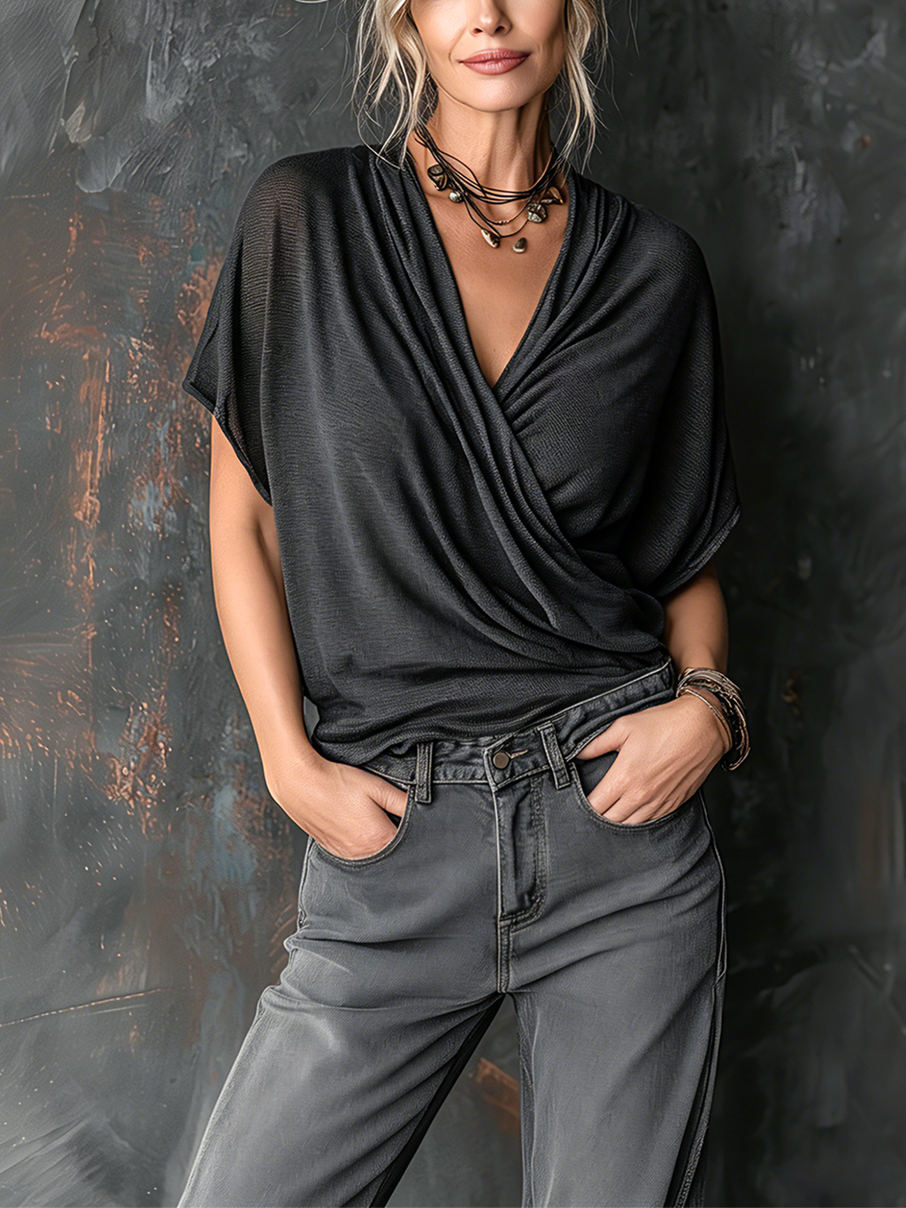 Chic Casual Charcoal Black Draped Wrap V-Neck Dolman Short Sleeve Loose-Fit Mesh Knit Sweater Top