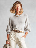 Chic Grey Round-Neck Three-Quarter Puff Sleeves Loose-Fit Knit Sweater Top