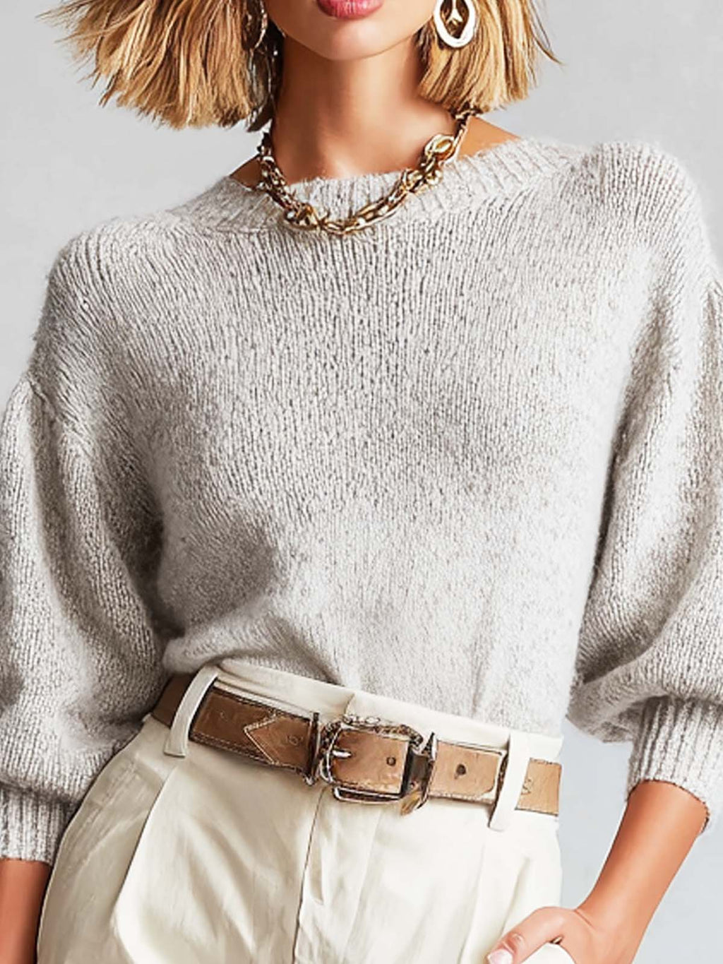 Chic Grey Round-Neck Three-Quarter Puff Sleeves Loose-Fit Knit Sweater Top