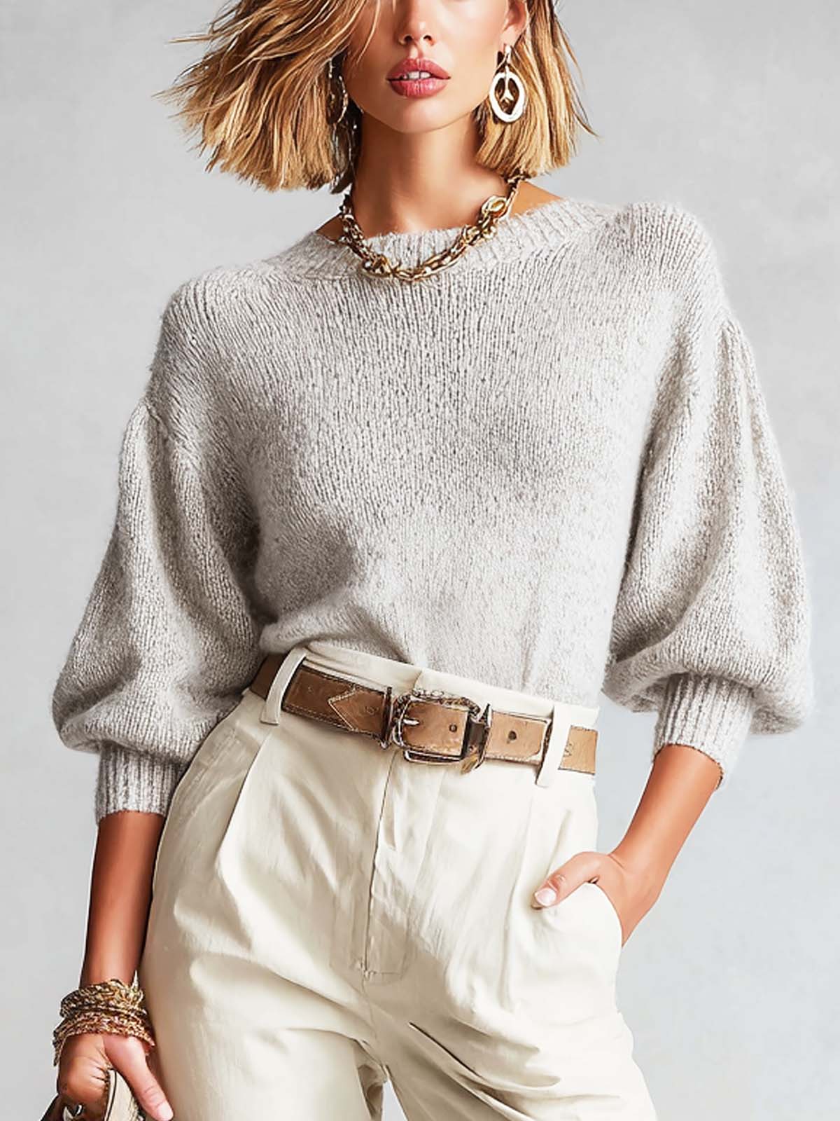 Chic Grey Round-Neck Three-Quarter Puff Sleeves Loose-Fit Knit Sweater Top