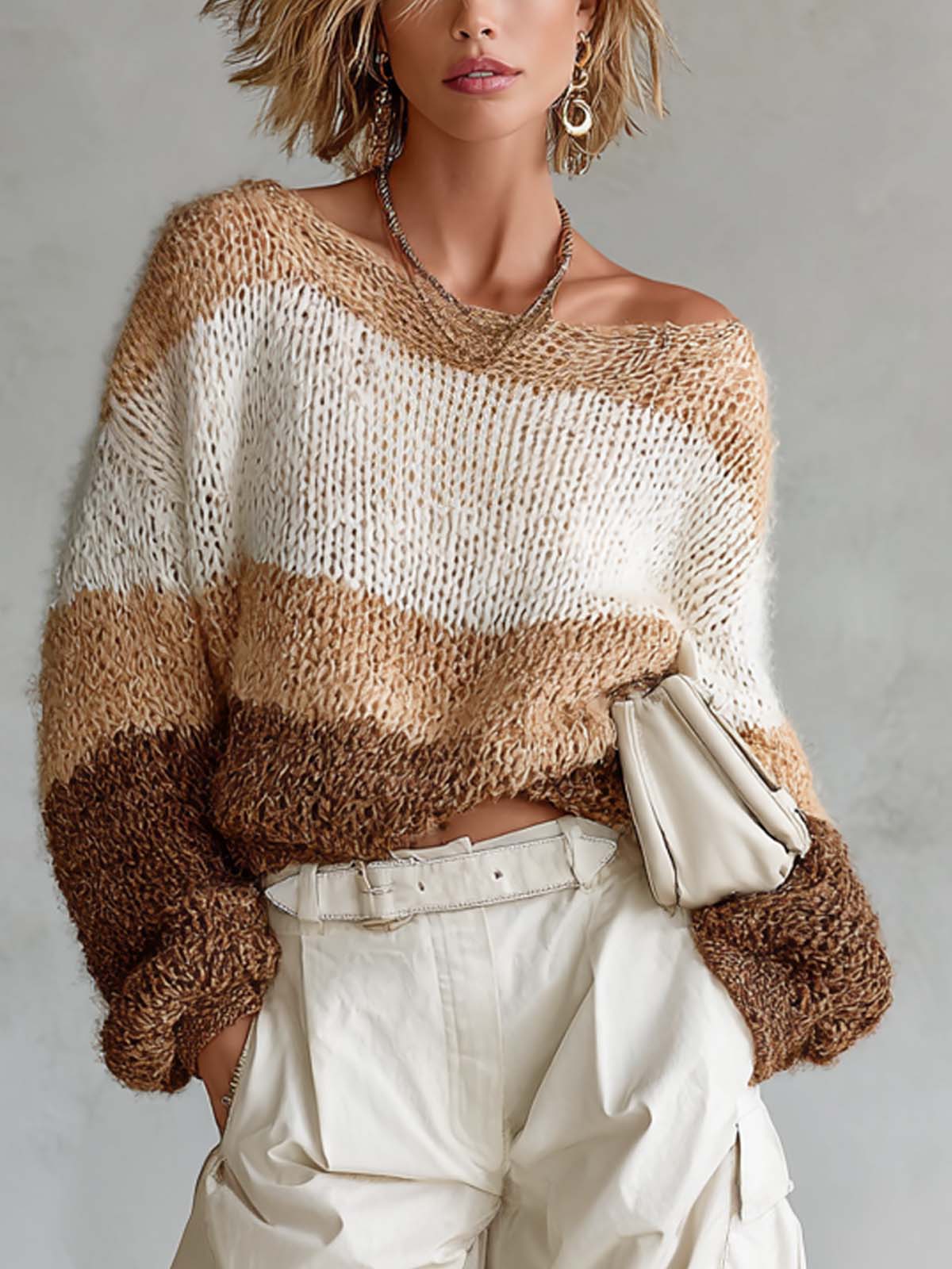 Chic Casual Multi-Color Boat-Neck Long Sleeve Puff Sleeves Loose-Fit Sweater Top