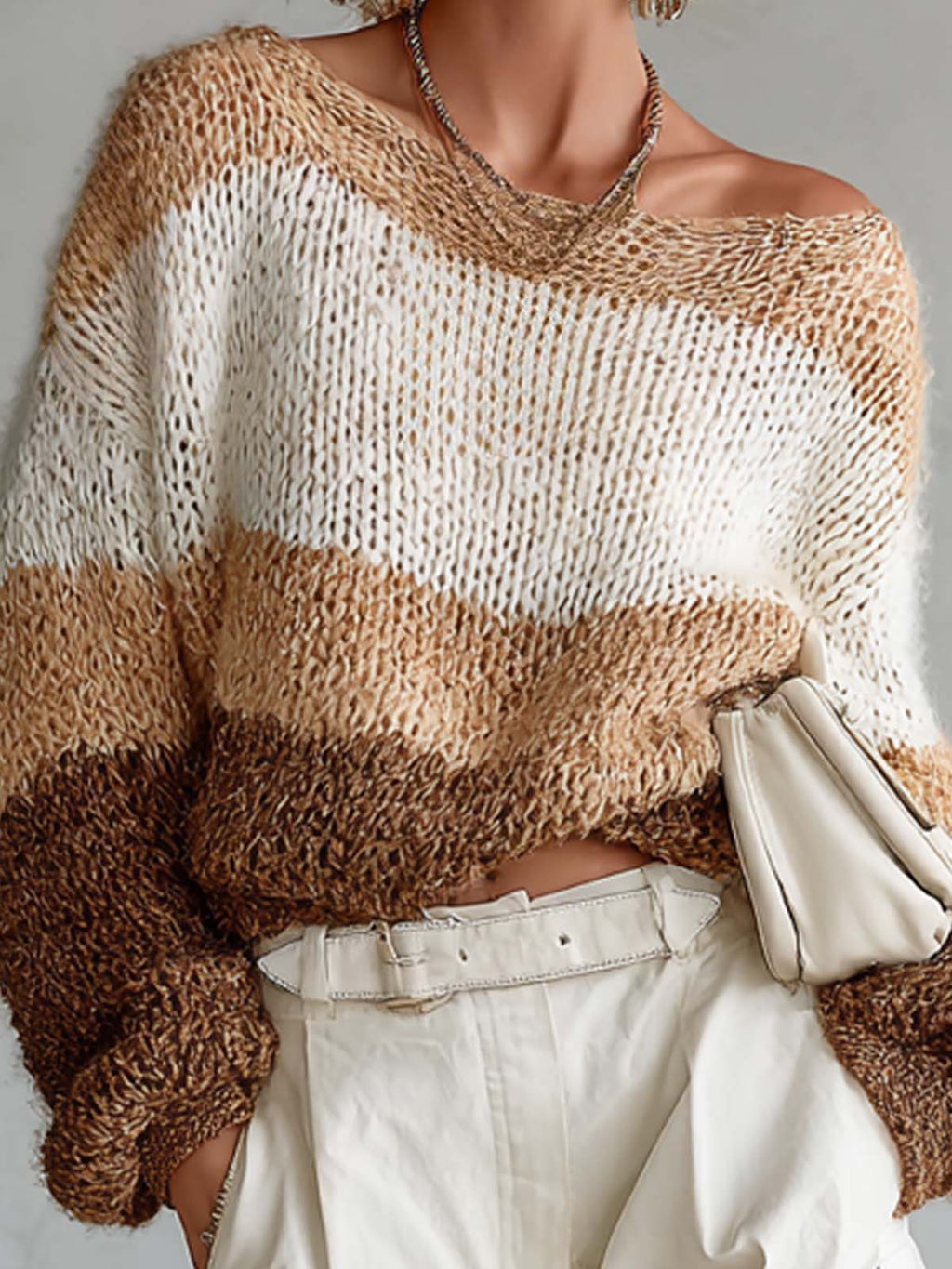 Chic Casual Multi-Color Boat-Neck Long Sleeve Puff Sleeves Loose-Fit Sweater Top
