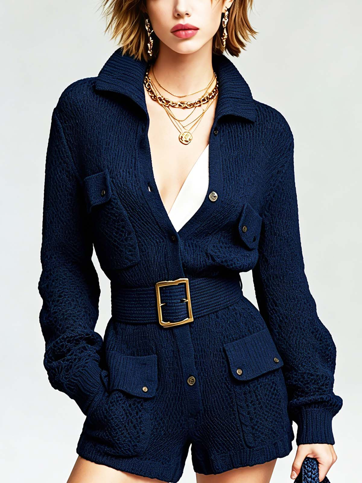 Chic Casual Navy Blue Stand-Collar Long Sleeve Single-Breasted Belted Multi-Pocket Detail Slim-Fit Knit Romper