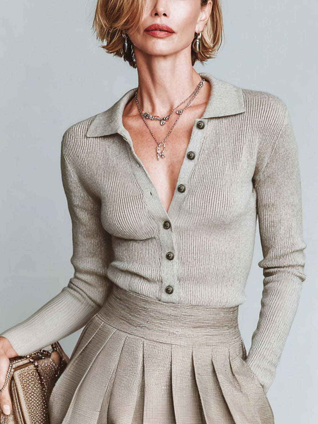 Chic Casual Grey Polo-Neck Single-Breasted Long Sleeve Slim-Fit Sweater Top