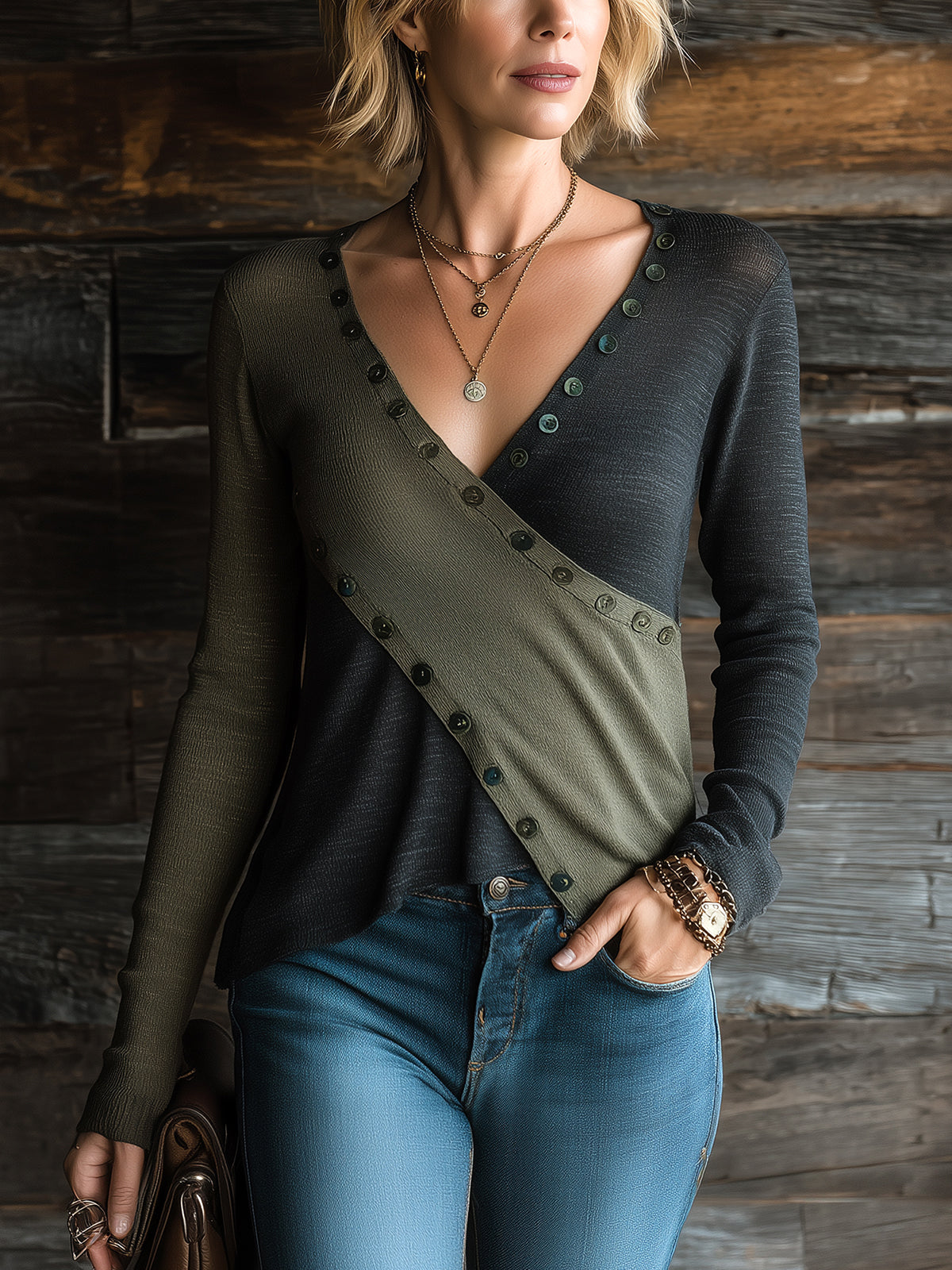 Chic Casual Army Green-Black Colorblock V-Neck Long-Sleeve Cross-Front Button Detail Slim-Fit Soft Knit Sweater Top