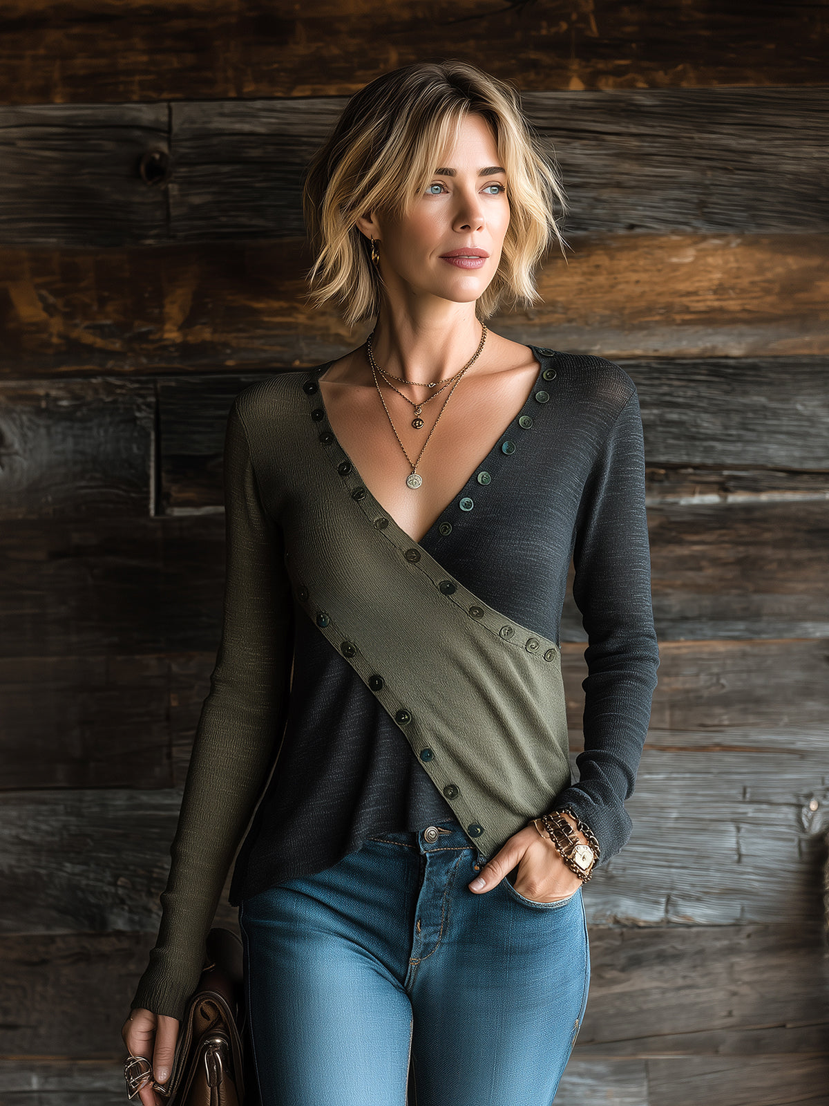 Chic Casual Army Green-Black Colorblock V-Neck Long-Sleeve Cross-Front Button Detail Slim-Fit Soft Knit Sweater Top