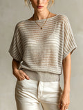 Chic Casual Gray Hollow-Out Stripes Boat-Neck Dropped Shoulder Short-Sleeve Loose-Fit Knit Sweater