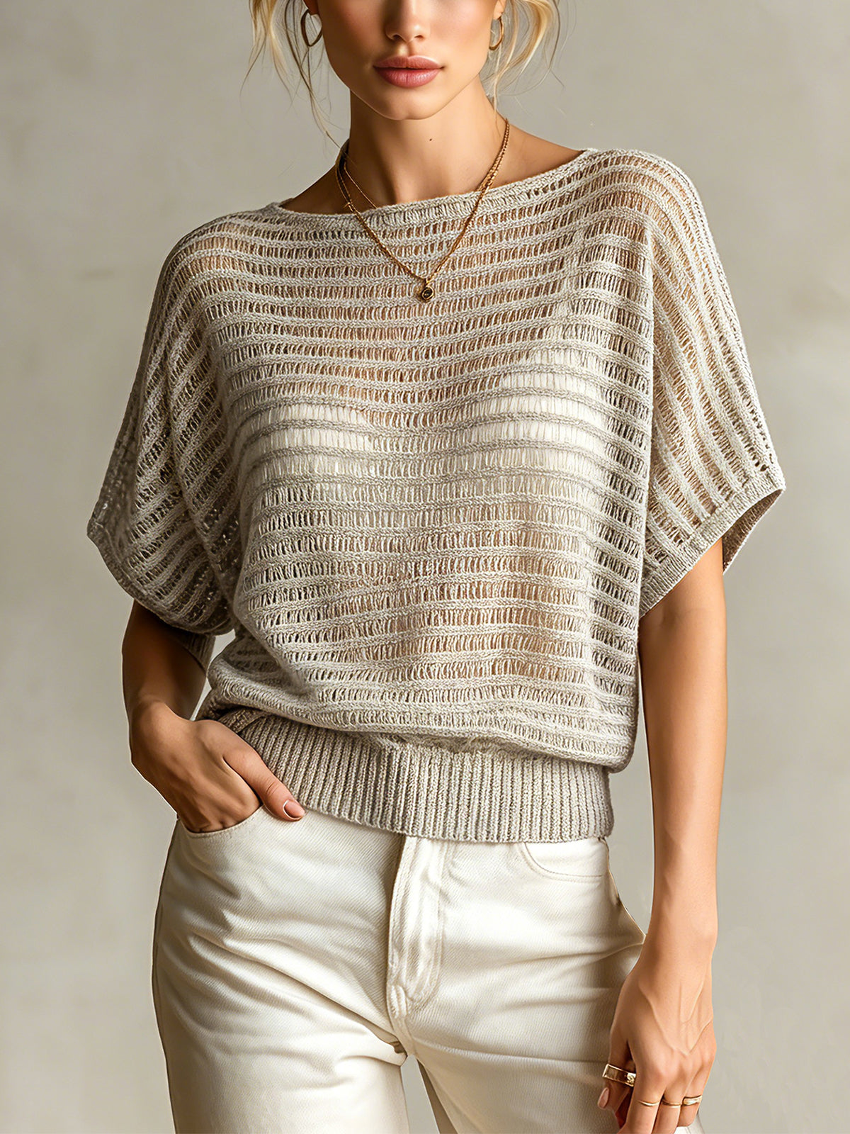 Chic Casual Gray Hollow-Out Stripes Boat-Neck Dropped Shoulder Short-Sleeve Loose-Fit Knit Sweater