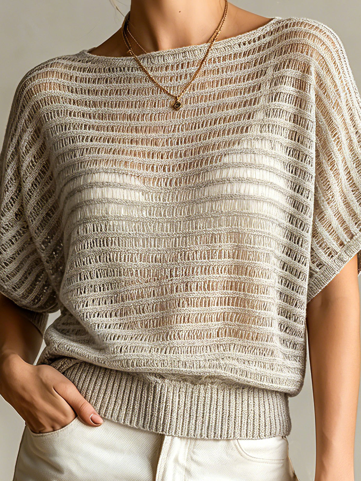 Chic Casual Gray Hollow-Out Stripes Boat-Neck Dropped Shoulder Short-Sleeve Loose-Fit Knit Sweater