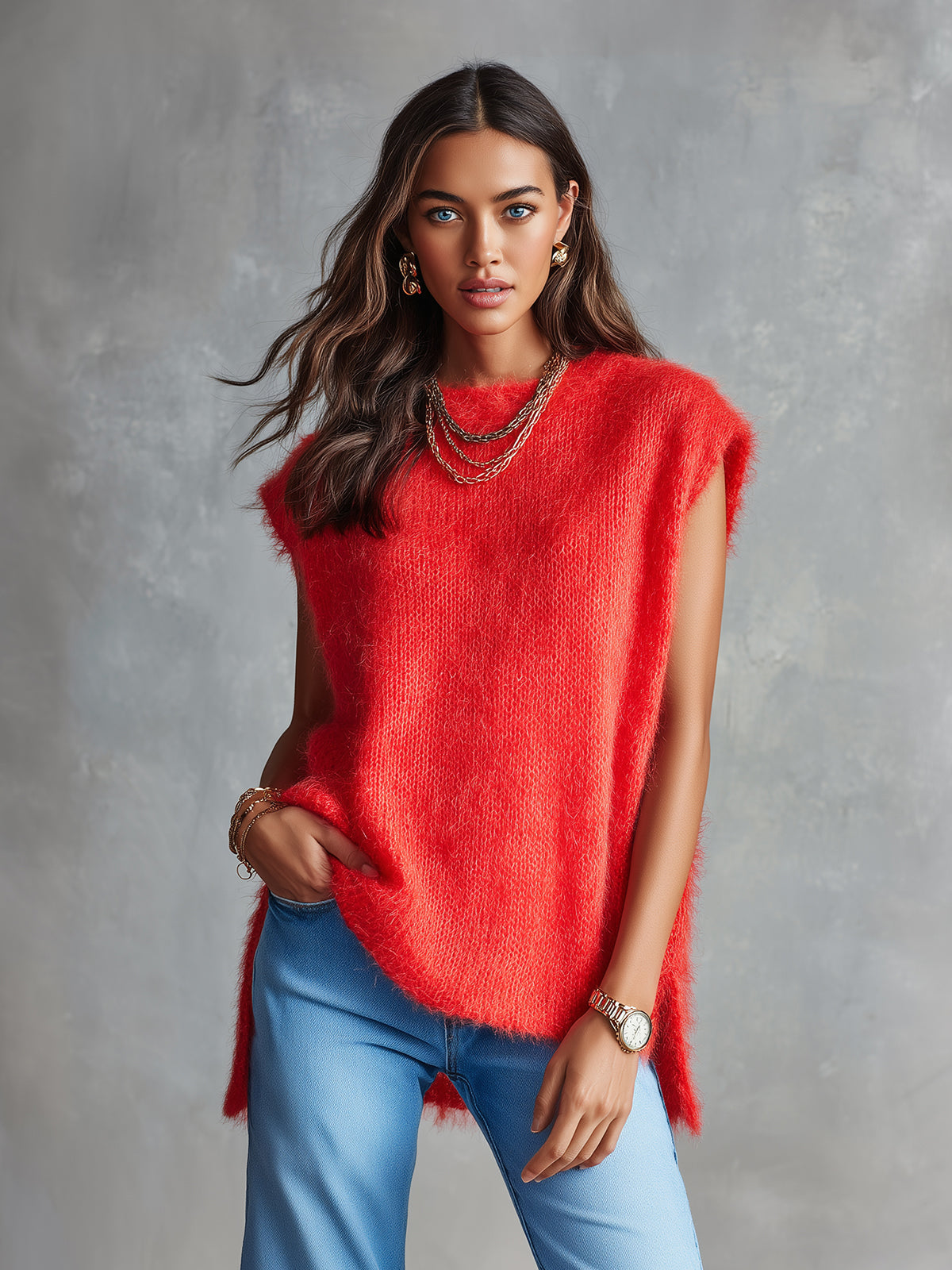 Chic Casual Red Mohair Blend Boat-Neck Sleeveless Side-Slit Detail Loose-Fit Soft Knit Vest Top