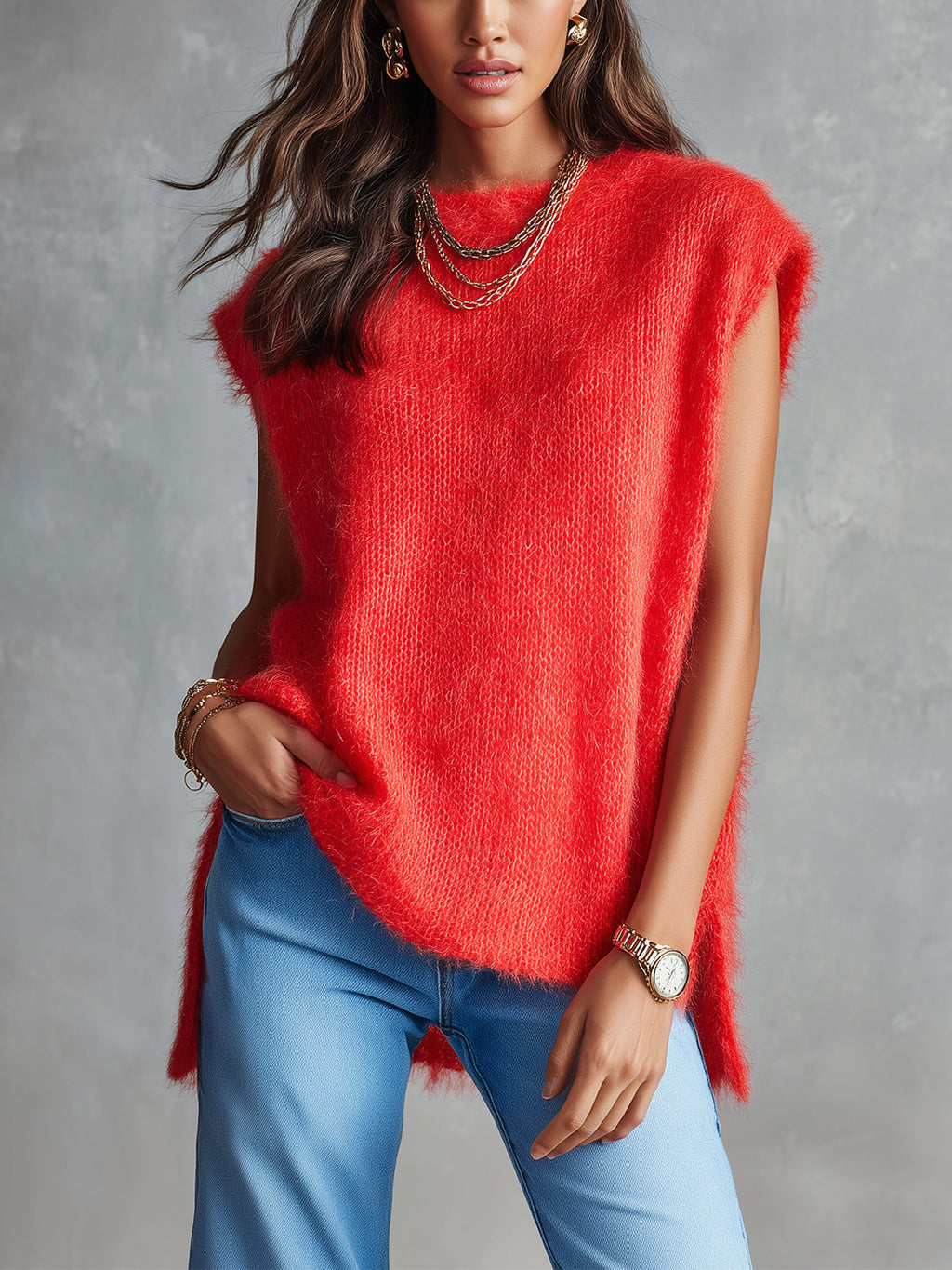 Chic Casual Red Mohair Blend Boat-Neck Sleeveless Side-Slit Detail Loose-Fit Soft Knit Vest Top