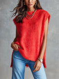 Chic Casual Red Mohair Blend Boat-Neck Sleeveless Side-Slit Detail Loose-Fit Soft Knit Vest Top