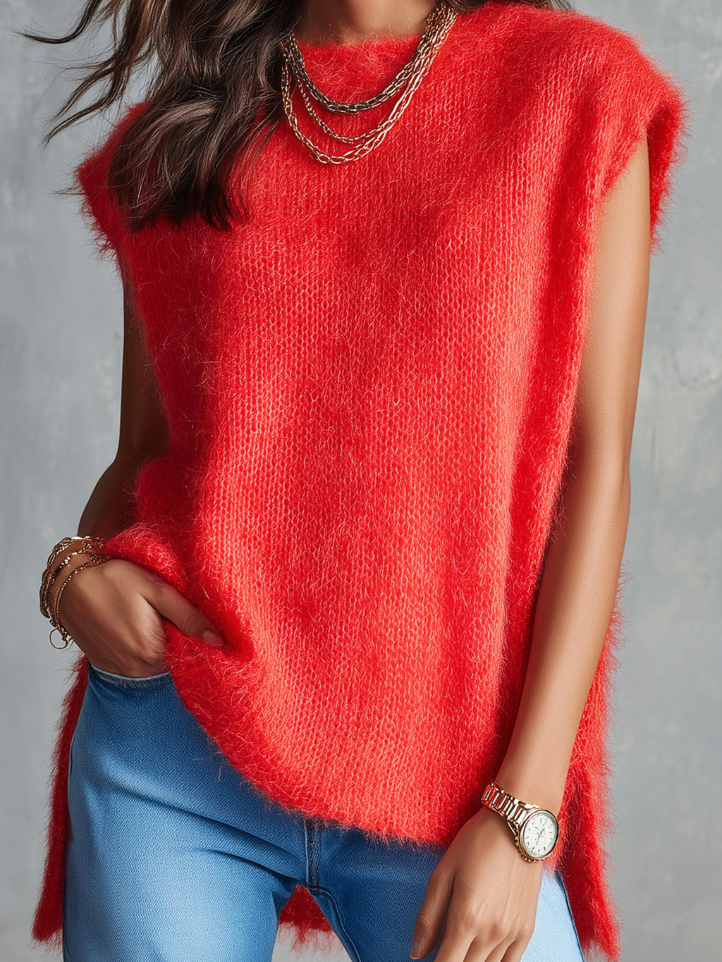 Chic Casual Red Mohair Blend Boat-Neck Sleeveless Side-Slit Detail Loose-Fit Soft Knit Vest Top