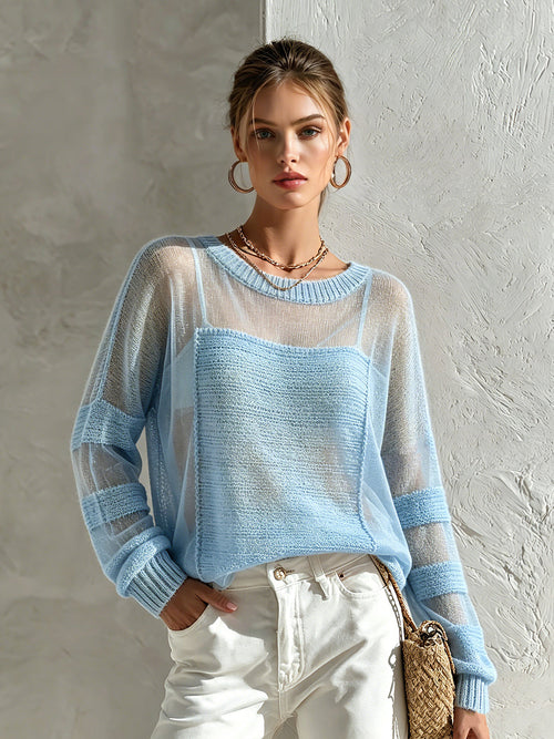 Chic Casual Blue Round-Neck Dropped Shoulder Long-Sleeve Hollow-Out Patchwork Loose-Fit Soft Sweater