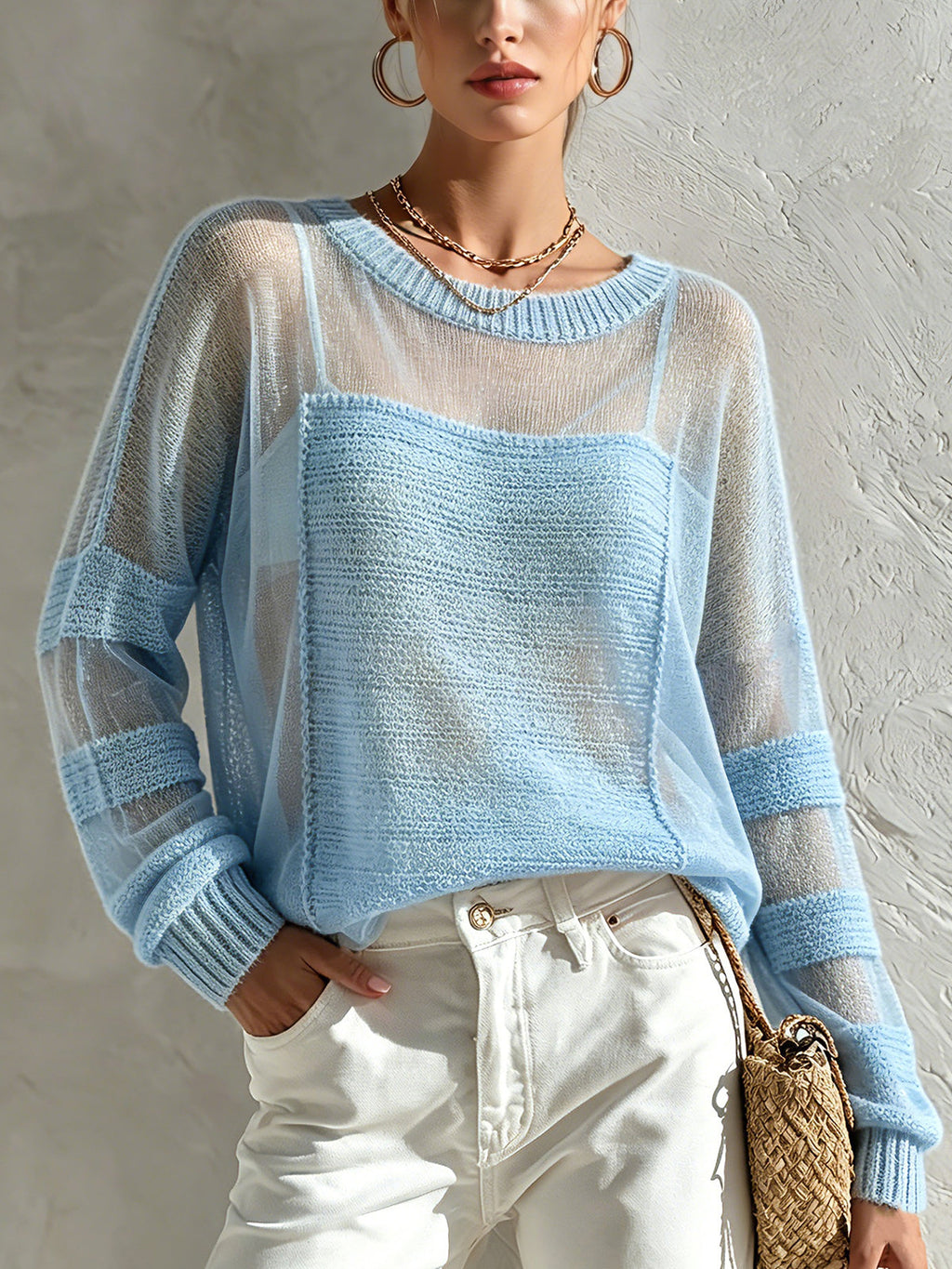 Chic Casual Blue Round-Neck Dropped Shoulder Long-Sleeve Hollow-Out Patchwork Loose-Fit Soft Sweater