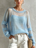 Chic Casual Blue Round-Neck Dropped Shoulder Long-Sleeve Hollow-Out Patchwork Loose-Fit Soft Sweater
