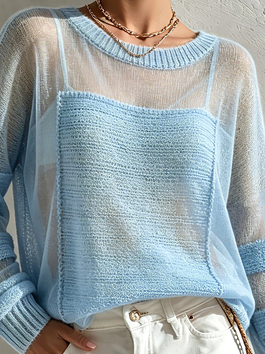 Chic Casual Blue Round-Neck Dropped Shoulder Long-Sleeve Hollow-Out Patchwork Loose-Fit Soft Sweater