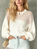 Chic Casual White-Pink Colorblock Round-Neck Dropped Shoulder Long-Lantern-Sleeve Loose-Fit Soft Sweater