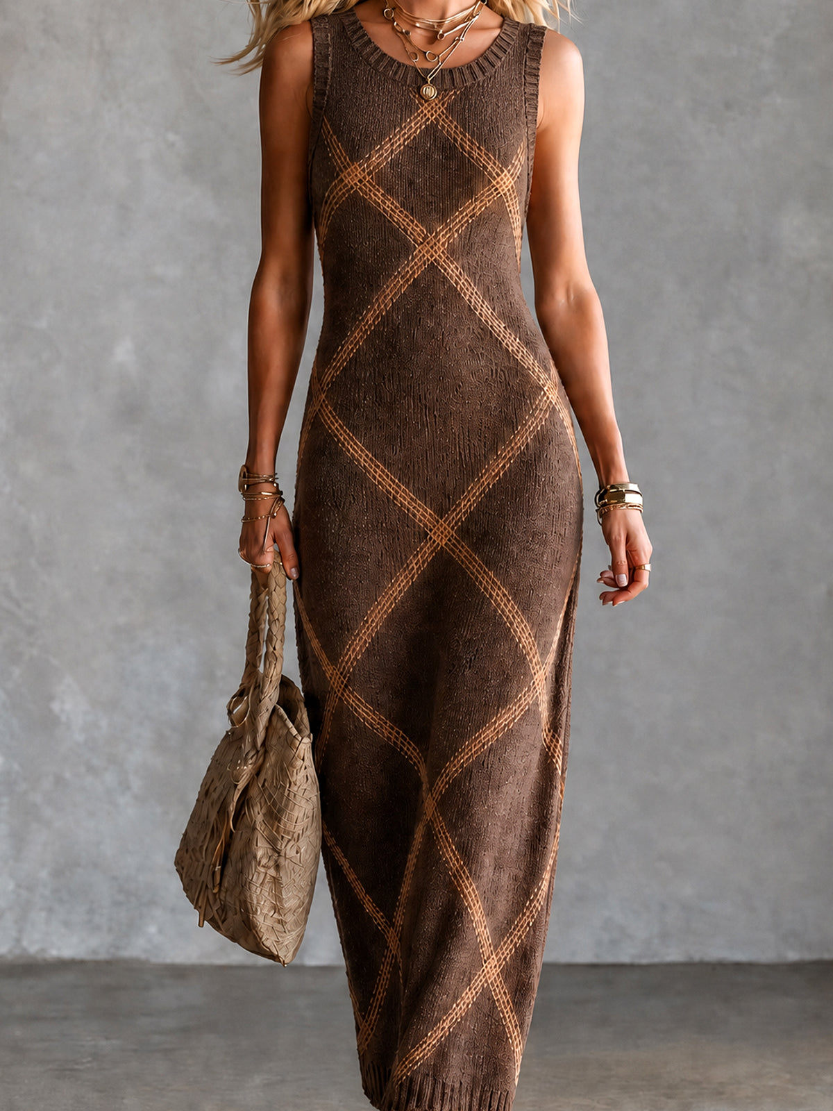 Chic Elegant Brown Cotton Blend Geometrical Jacquard Round-Neck Sleeveless Slim-Fit Ribbed Knit Maxi Dress
