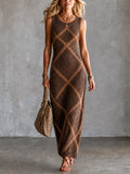 Chic Elegant Brown Cotton Blend Geometrical Jacquard Round-Neck Sleeveless Slim-Fit Ribbed Knit Maxi Dress