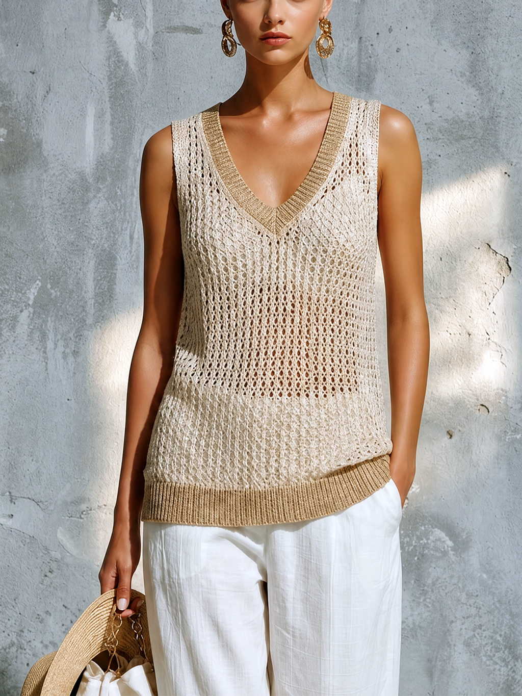 Chic Casual Beige V-Neck Contrast Trim Sleeveless Loose-Fit Hollow-Out Mesh Knit Vest Top