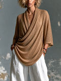 Chic Elegant Camel Draped Cowl Neck Three-Quarter Batwing Sleeve Loose-Fit Asymmetrical Hem Knit Sweater Top