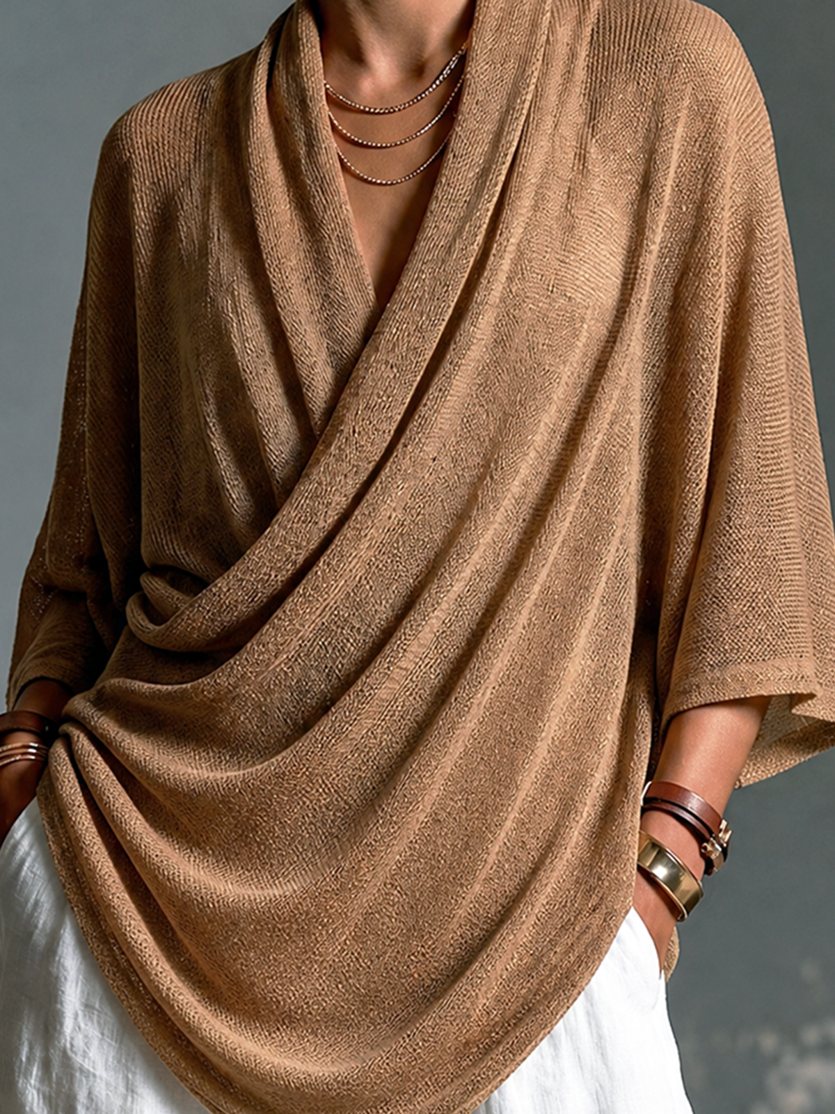 Chic Elegant Camel Draped Cowl Neck Three-Quarter Batwing Sleeve Loose-Fit Asymmetrical Hem Knit Sweater Top
