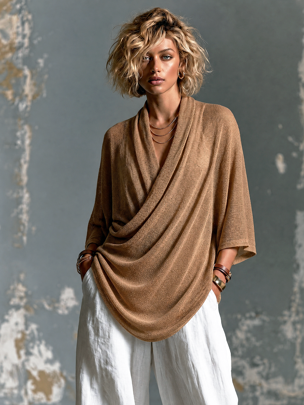 Chic Elegant Camel Draped Cowl Neck Three-Quarter Batwing Sleeve Loose-Fit Asymmetrical Hem Knit Sweater Top