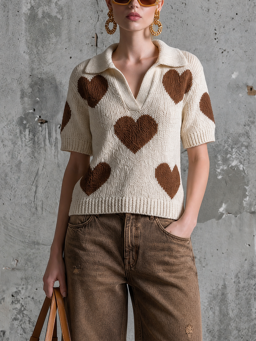 Chic Casual Off-White Lapel V-Neck Brown Heart Jacquard Short-Sleeve Loose-Fit Knit Sweater Top