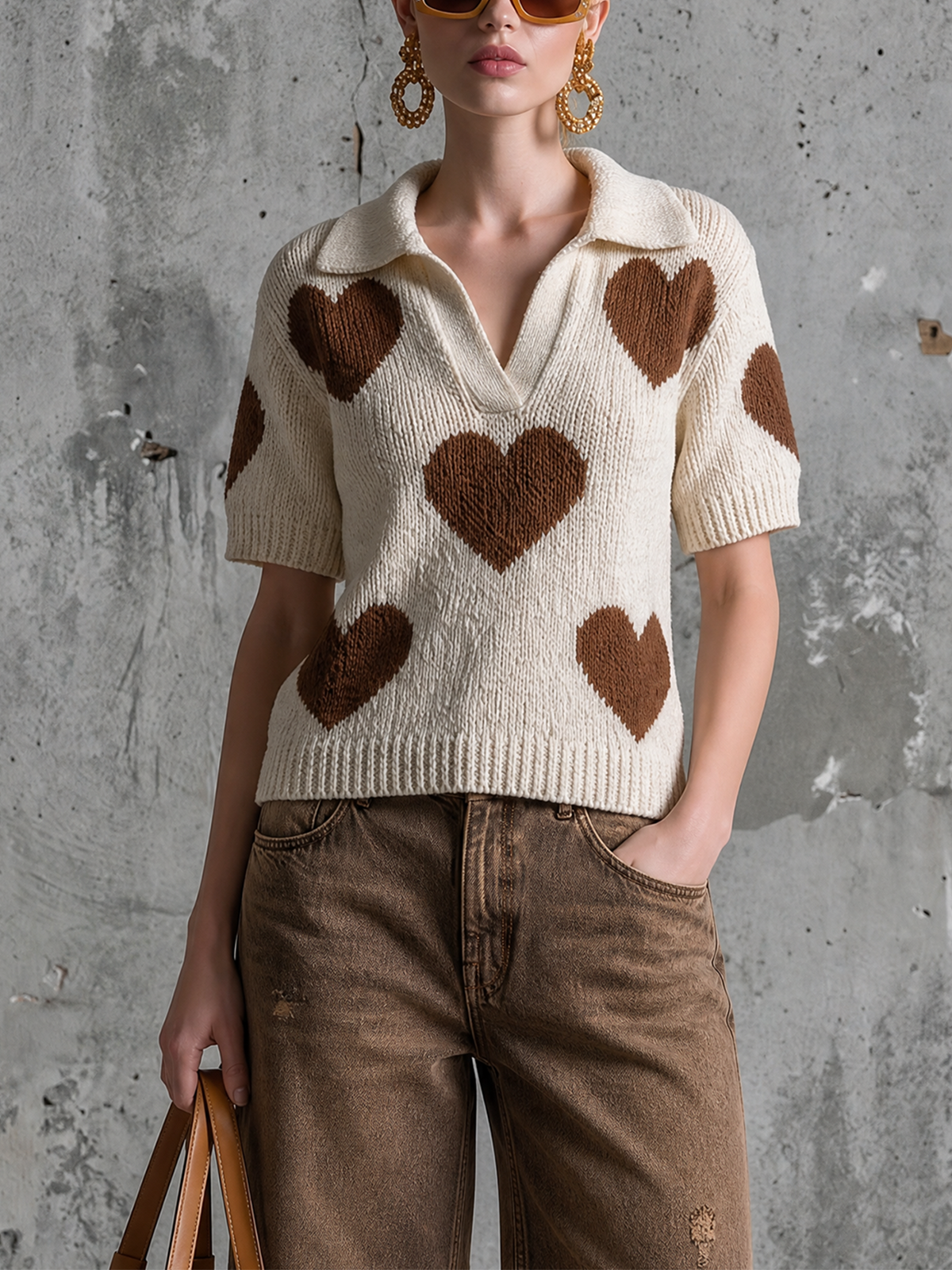 Chic Casual Off-White Lapel V-Neck Brown Heart Jacquard Short-Sleeve Loose-Fit Knit Sweater Top