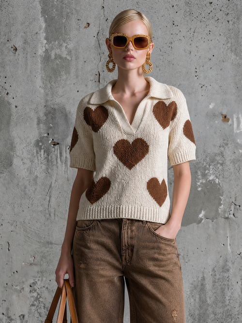 Chic Casual Off-White Lapel V-Neck Brown Heart Jacquard Short-Sleeve Loose-Fit Knit Sweater Top