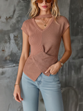 Chic Elegant Dusty Pink Choker Halter V Neck Cap Sleeve Slim-Fit Asymmetrical Hem Ribbed Knit Sweater Top