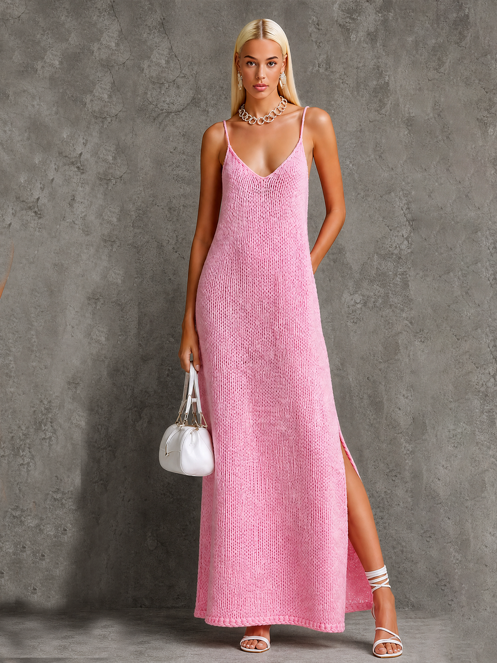 Chic Elegant Pink Spaghetti Straps V-Neck Sleeveless Loose-Fit Side Slit Knit Midi Dress