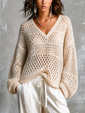 Chic Elegant Off-White V Neck Balloon Long Sleeve Loose-Fit Hollow-Out Mesh Knit Sweater Top