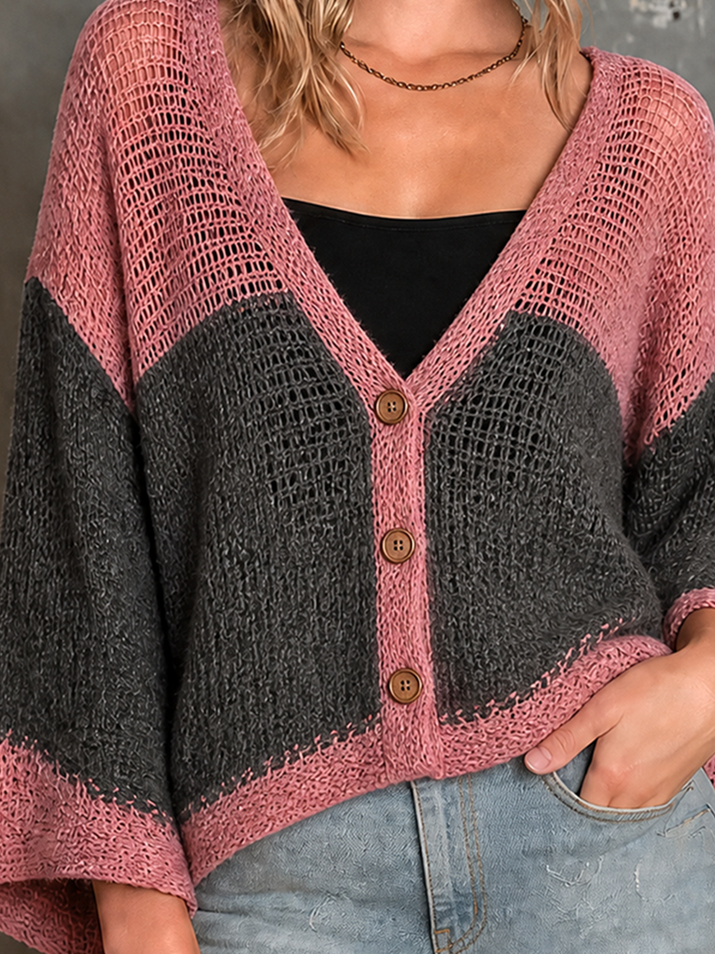Chic Casual Dusty Pink-Gray Colorblock V Neck Single-Breasted Bell Flare Sleeves Loose-Fit Mesh Knit Sweater Top