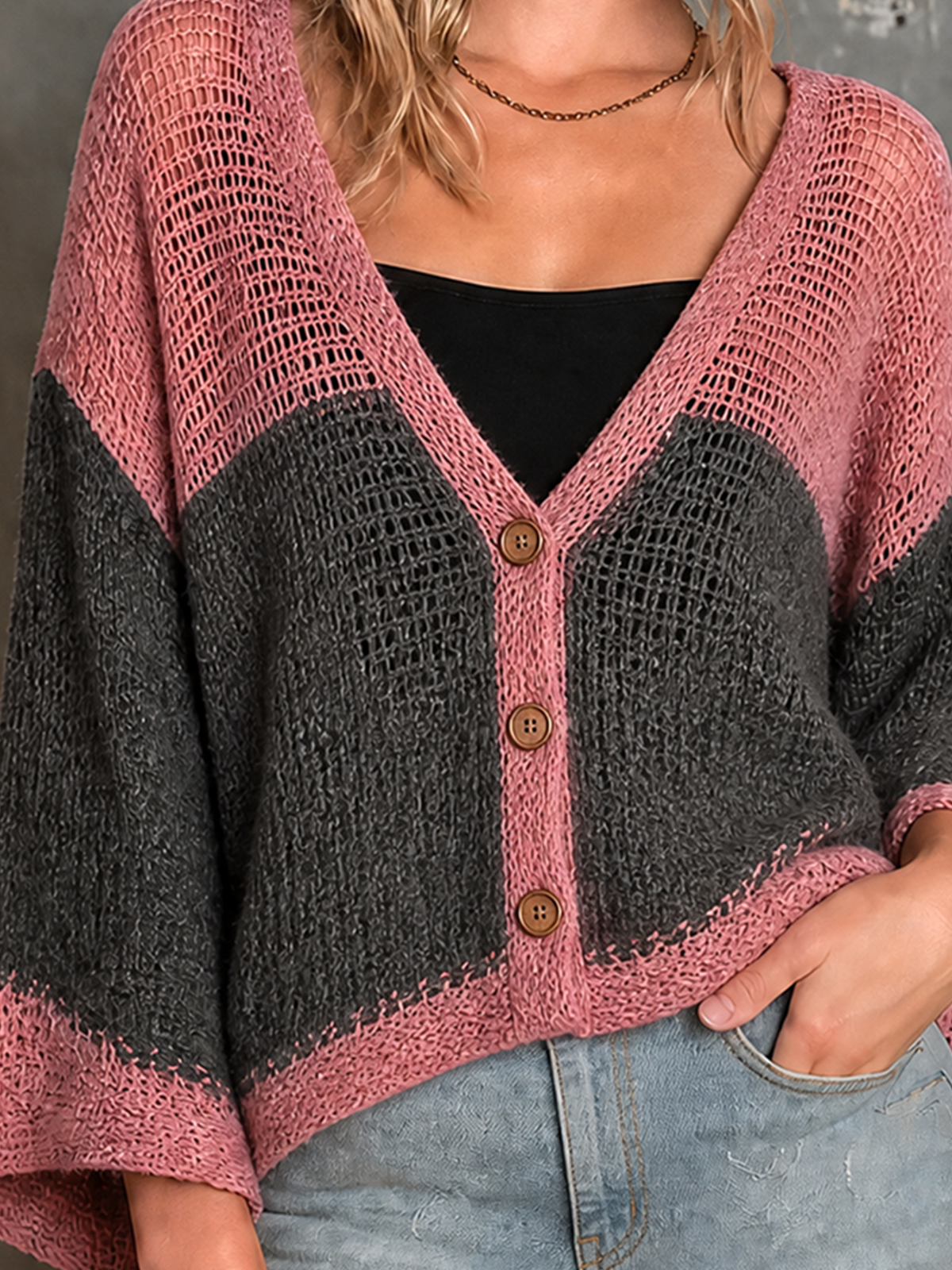 Chic Casual Dusty Pink-Gray Colorblock V Neck Single-Breasted Bell Flare Sleeves Loose-Fit Mesh Knit Sweater Top