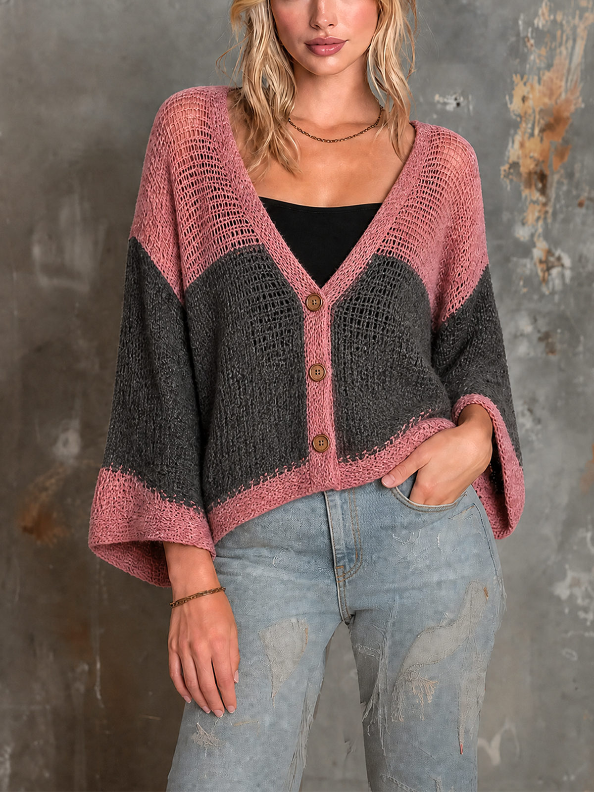 Chic Casual Dusty Pink-Gray Colorblock V Neck Single-Breasted Bell Flare Sleeves Loose-Fit Mesh Knit Sweater Top